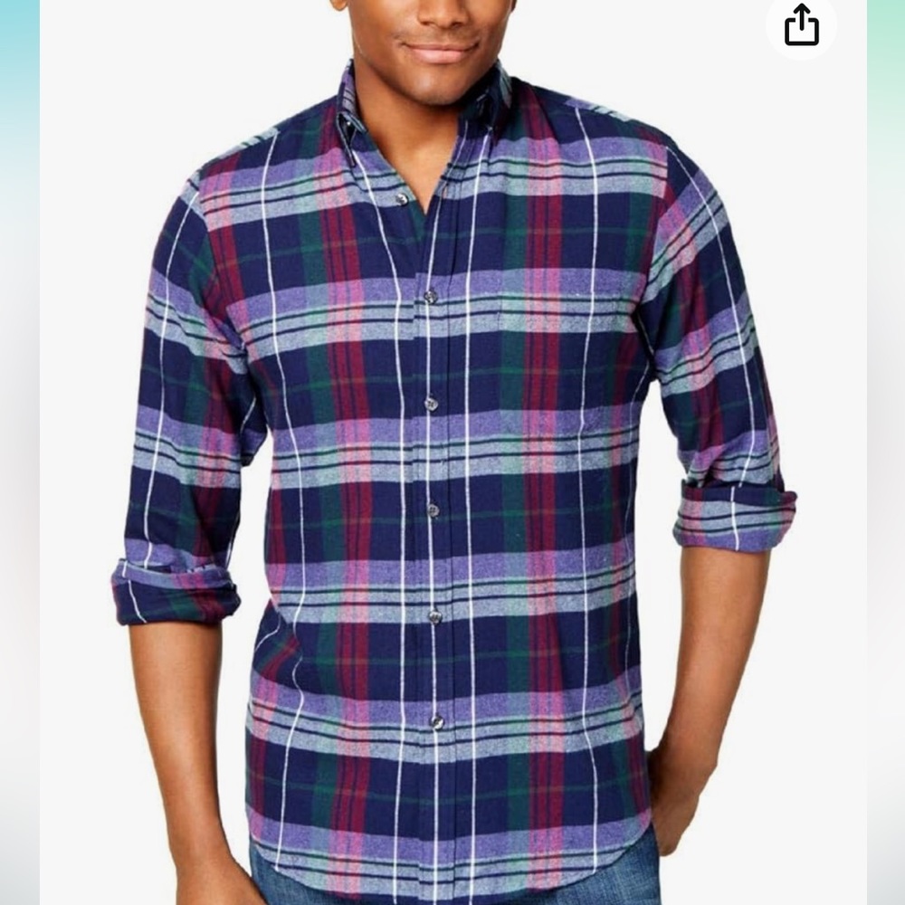 Blue and purple plaid button-down flannel